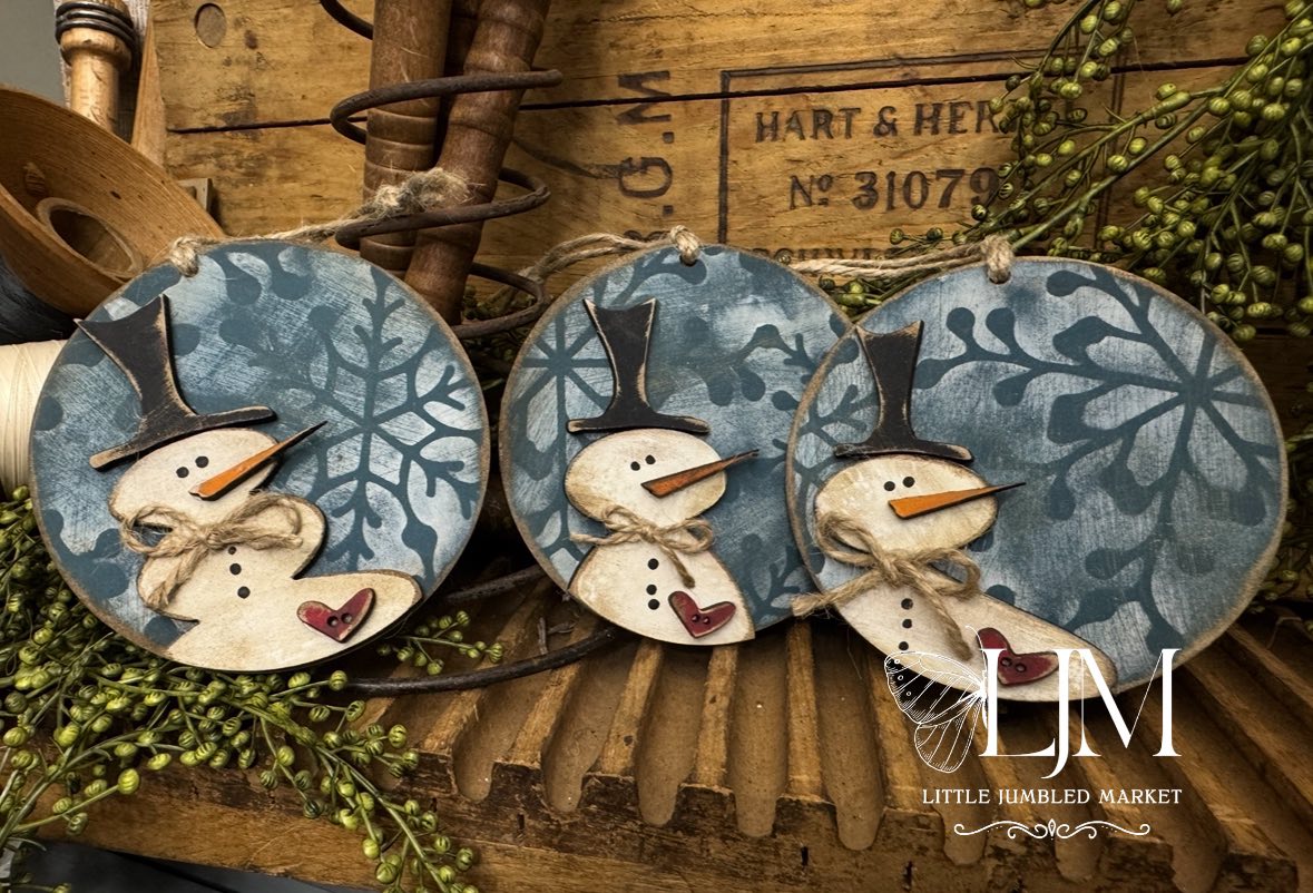 Rustic round snowman ornaments set of 3 #219