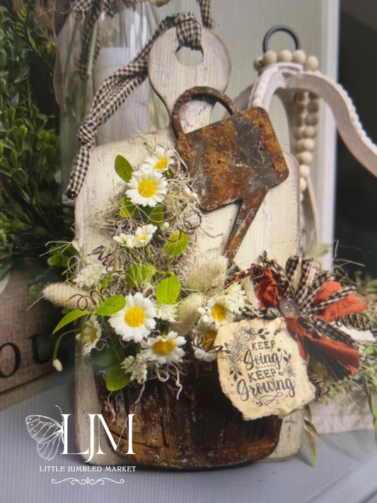 Farmhouse watering can and bucket with board